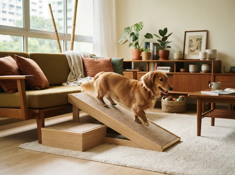 Living room set up with ramps and low platforms for a Dachshund