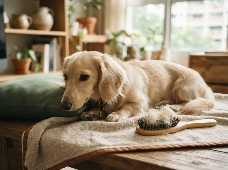 Brush with loose Dachshund hair beside a calm long-haired Dachshund