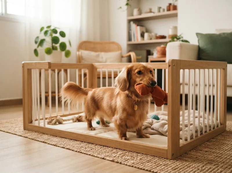 Dachshund in a tidy HDB flat with a playpen setup