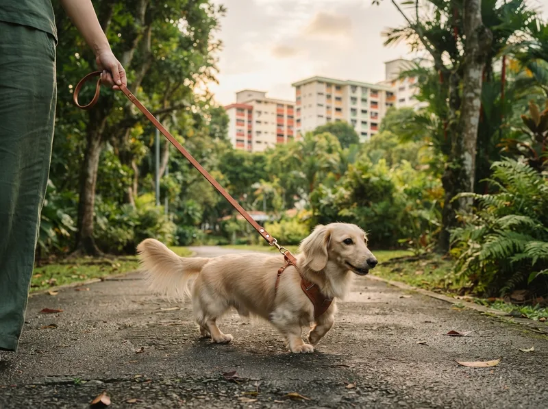 Dachshund on a shaded evening walk in a Singapore park