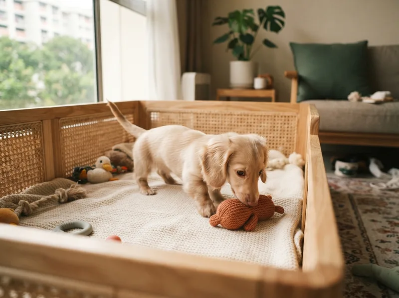 Dachshund puppy exploring its new playpen at home