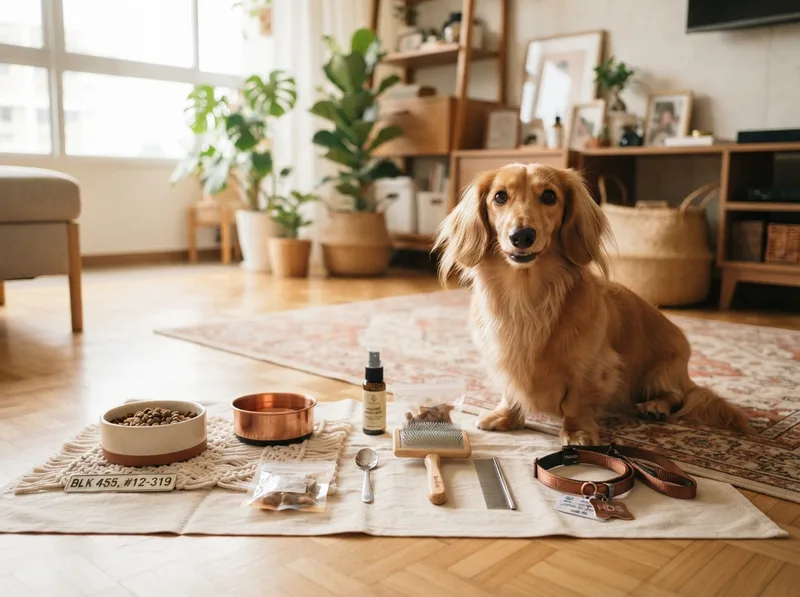 Dachshund beside food, grooming and licence items laid out