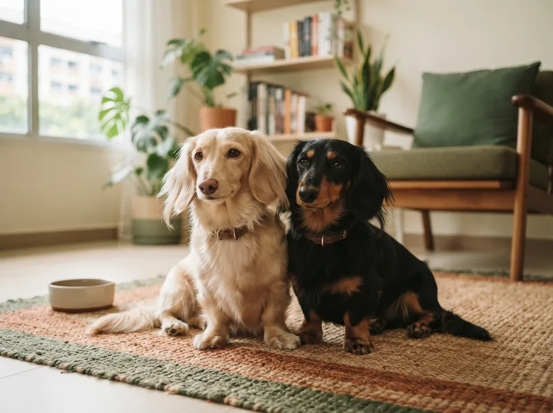 Two Miniature Dachshunds sitting together, one cream one black and tan