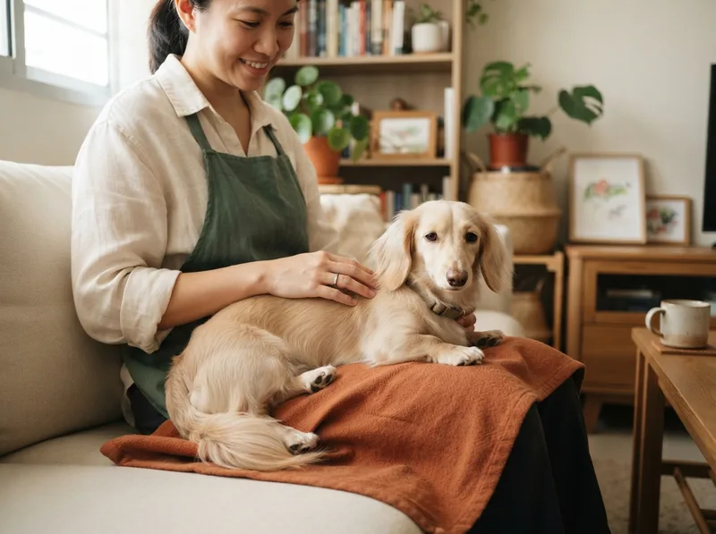 Adult Dachshund resting calmly with a volunteer