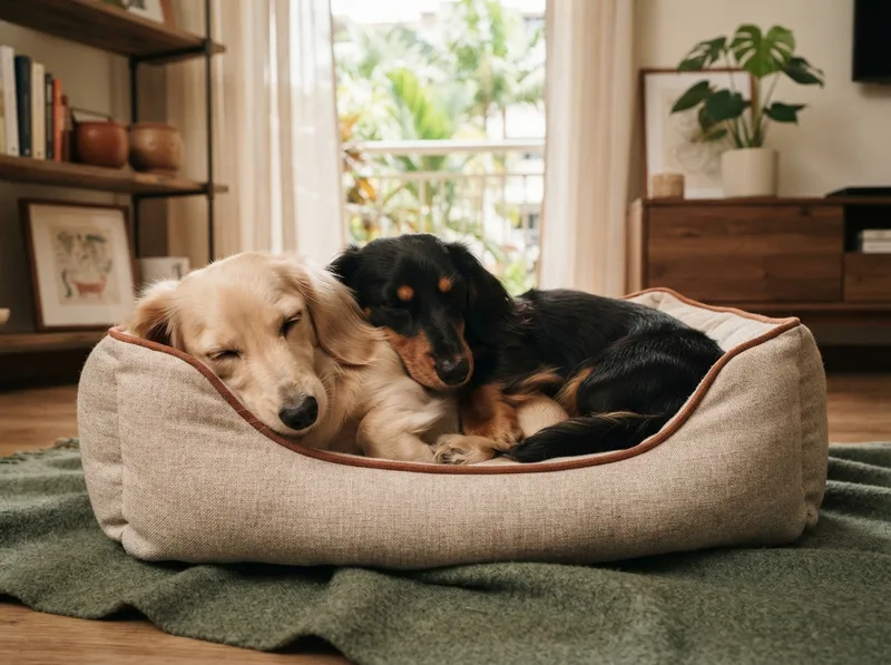 Two Dachshunds curled up together in one bed