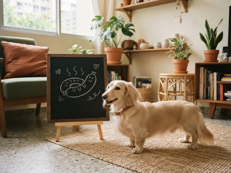 Dachshund beside a chalkboard sketch of a sausage shape