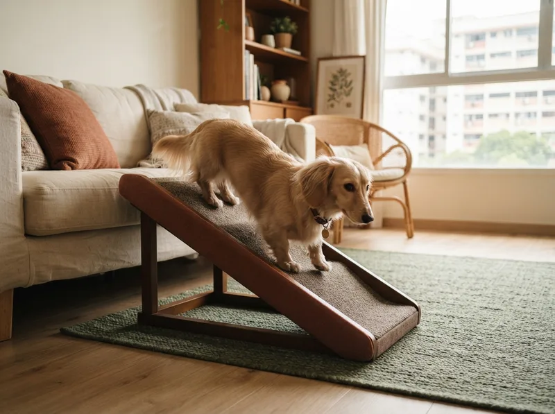 Miniature Dachshund walking down a sofa ramp