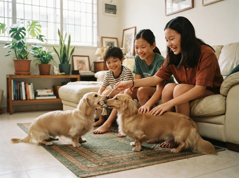 Dachshund gently playing with older children at home