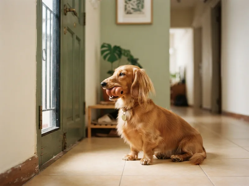 Dachshund waiting calmly by the door with an enrichment toy