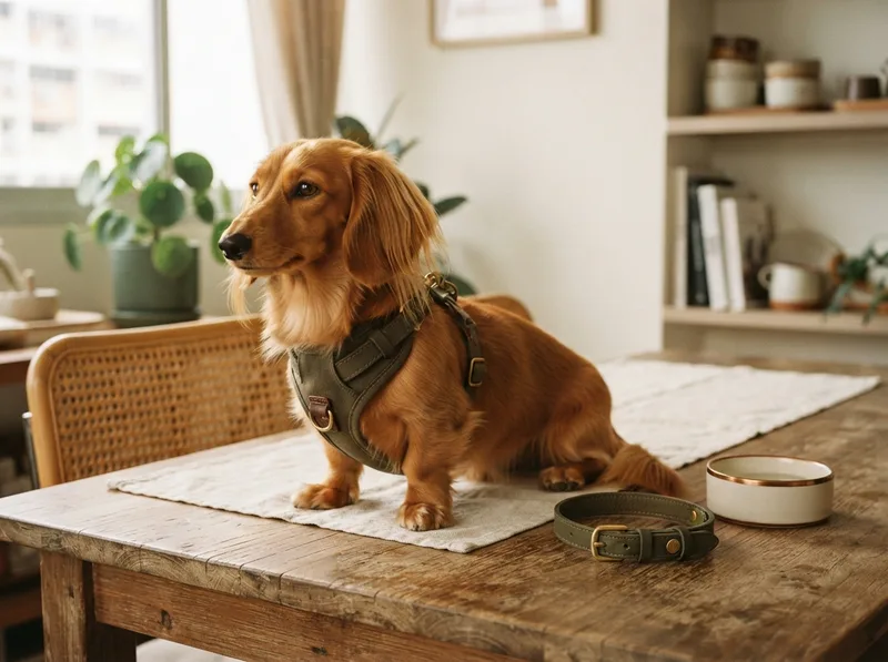 Dachshund wearing a harness beside a collar on a table