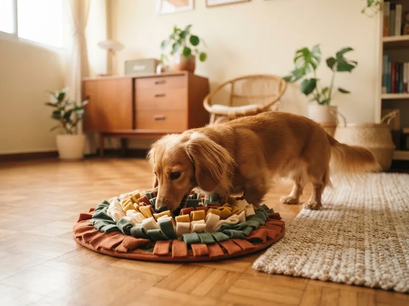 Dachshund playing with a snuffle mat on the floor