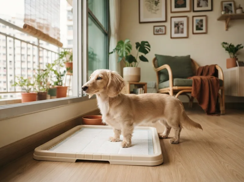 Dachshund puppy on a pee tray near a window