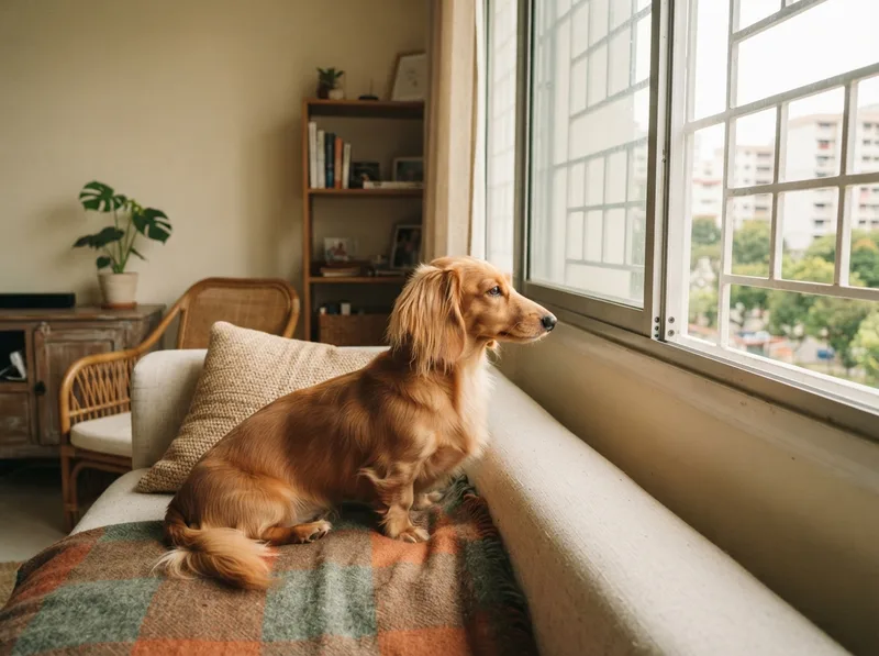 Dachshund looking out an HDB window from a sofa