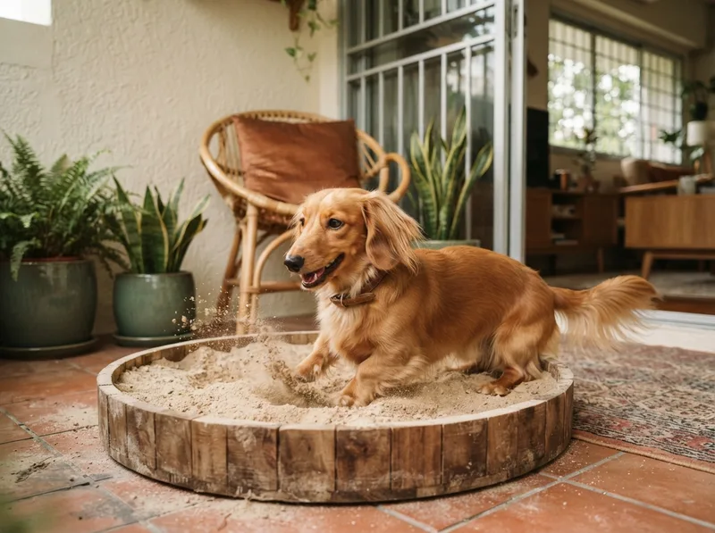 Dachshund digging happily in a sand pit