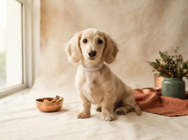 Light cream long-haired Miniature Dachshund puppy sitting, for sale in Singapore