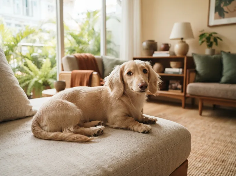 Cream long-haired Miniature Dachshund puppy in a bright Singapore living room