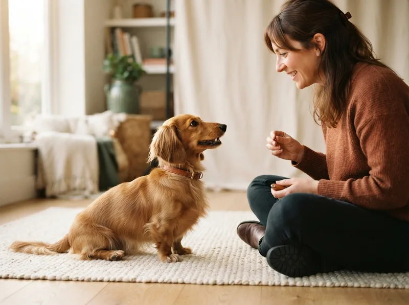 Miniature Dachshund in a training session focusing on its owner