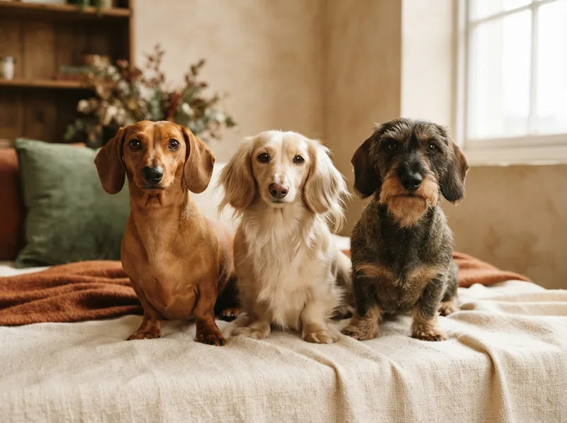 Smooth, long-haired and wire-haired Dachshund coats side by side