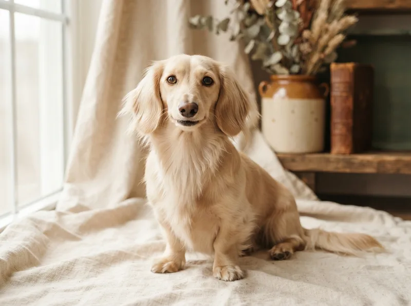 Cream long-haired Miniature Dachshund with feathered ears and chest