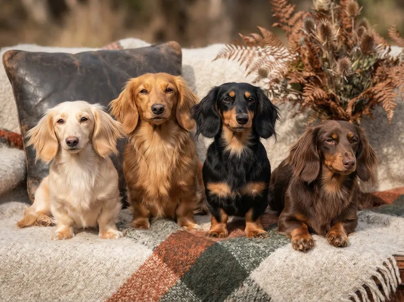 Miniature Dachshunds in cream, golden, black and tan and chocolate coats