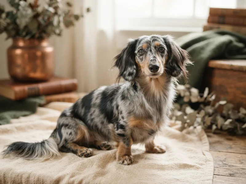 Single dapple long-haired Miniature Dachshund with a mottled silver coat