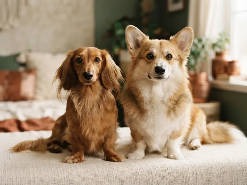 Dachshund and Corgi sitting side by side