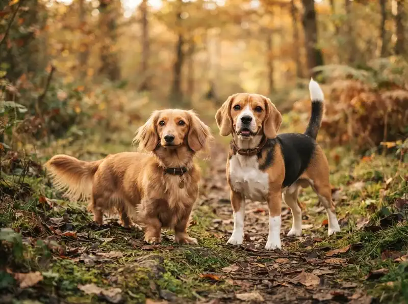 Dachshund and Beagle side by side outdoors