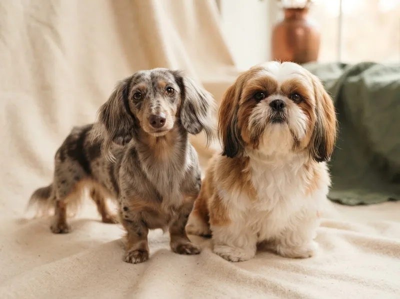 Dachshund and Shih Tzu together on a neutral backdrop