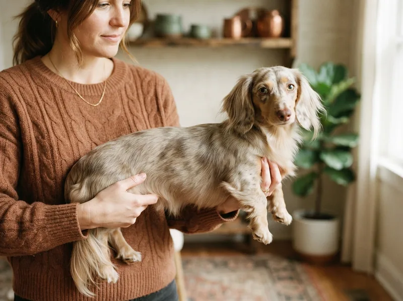 Owner supporting a Miniature Dachshund with both hands, keeping the spine level