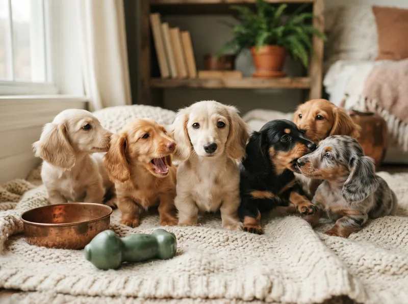 Litter of Miniature Dachshund puppies in cream and golden coats