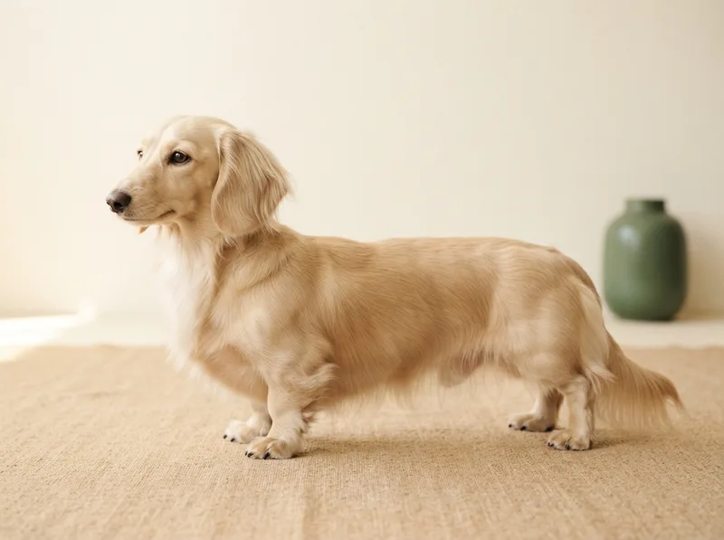 Long-haired Miniature Dachshund in cream standing in side profile showing the breed long body and short legs
