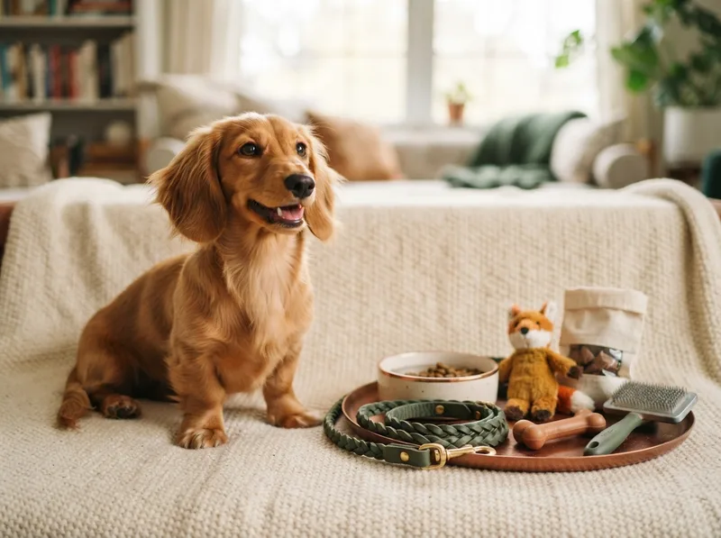 Golden Miniature Dachshund puppy beside a starter kit of puppy supplies
