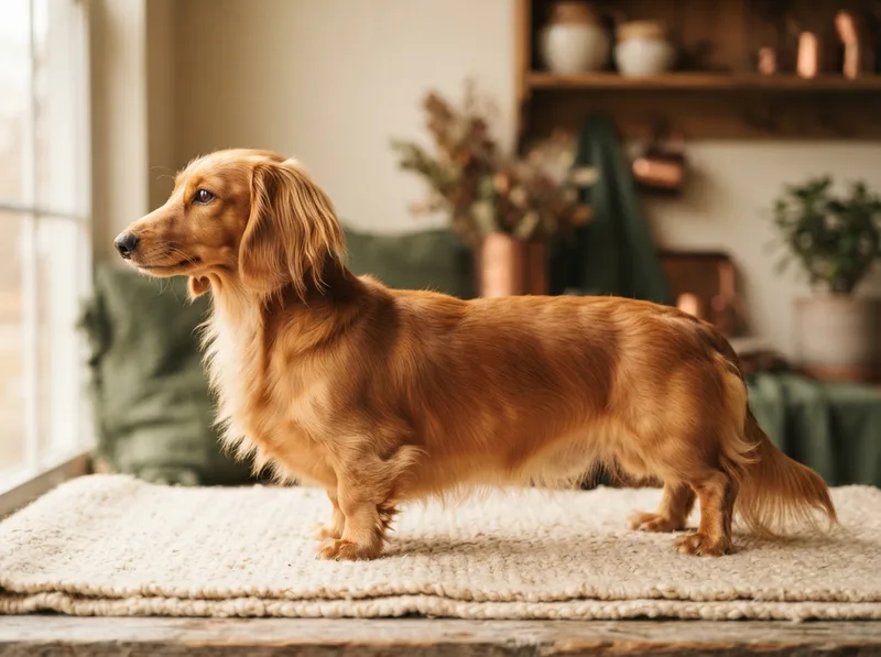 Miniature Dachshund standing in profile showing correct compact proportions