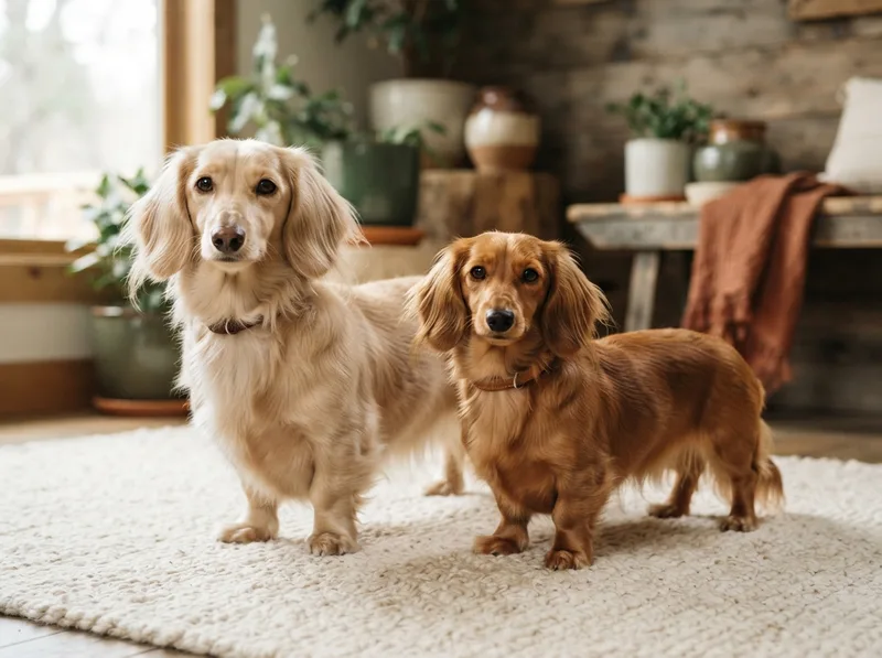 Standard and Miniature Dachshund side by side showing the size difference