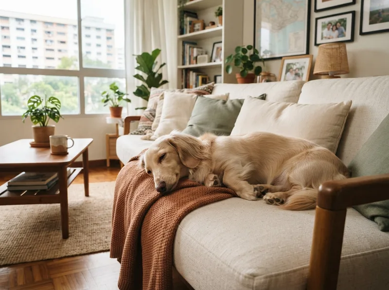 Miniature Dachshund relaxing on a sofa in an HDB flat living room