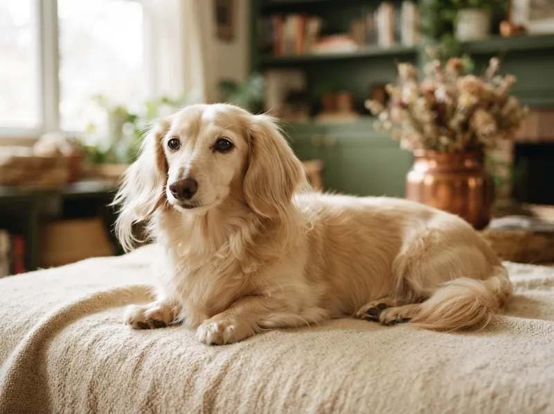 Senior cream Miniature Dachshund with a bright healthy coat
