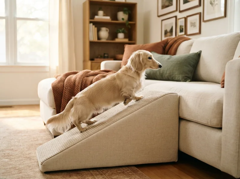 Miniature Dachshund using a fabric ramp to climb onto a sofa safely