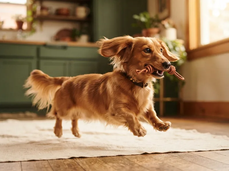 Alert golden Miniature Dachshund mid-play with a confident expression